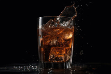 Pour soft drink in glass with ice splash on dark background generative ai