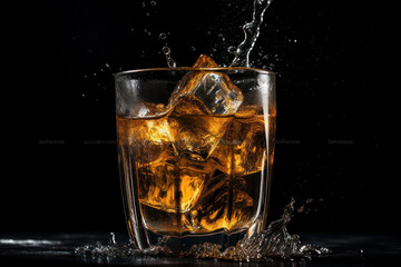 Pour soft drink in glass with ice splash on dark background generative ai