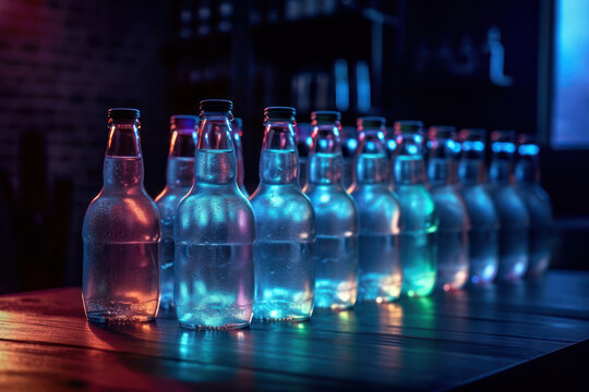  Very cold mineral water with ice in a misted glass bottles on the bar in the nightclub on wooden table generative ai