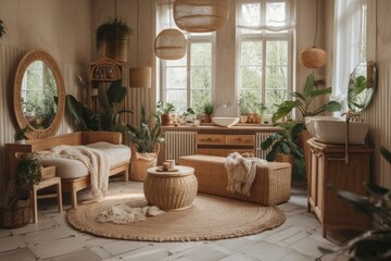 Bathroom with houseplants and couch. Boho chic apartment with tropical plants. Natural wood and wicker bohemian room. Generative AI