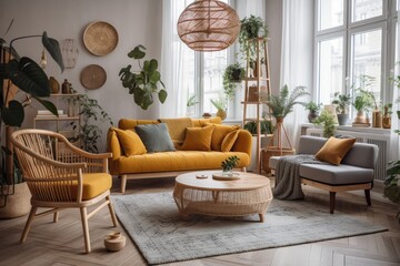 Boho living room in comfortable apartment with design coffee table, gray couch, honey yellow cushions, desk, green armchair, plants, and attractive personal items. Modern furnishings. Generative AI