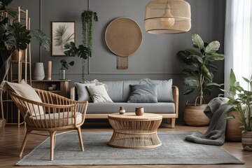 Contemporary boho living room with rattan armchair, gray couch, coffee table, tropical plants, carpet, and stylish accessories. Interior design. Abstraction. Template. Generative AI
