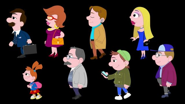 Cartoon walking people isolated. 
Set of walking people (crowd) and silhouettes, isolated. Loop cycle animation.