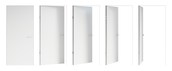 Set of five opening options of isolated invisible white swing doors with flush door jambs and hidden hinges. The door closed, the door opened 25°, 45°, 65°, and 85°. Front view. 3d render