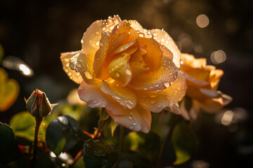 Beautiful rose bush with dew drops in the morning light. AI Generated