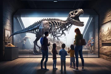 Raamstickers Family visiting history museum and looking at dinosaur bone structure © Tixel