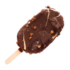 Ice cream with cracked chocolate icing and nuts on a transparent background. isolated object....