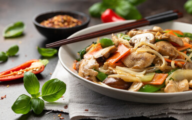 Chicken Chop Suey in white plate. Take away food