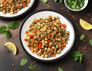Chickpea Salad with Quinoa, sweet red pepper, herbs and lemon. Healthy food