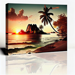 Tranquil tropical island beach paradise at sunrise - Generative Ai