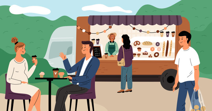 Bakery shop. Happy people tasting fresh pastries. Open cafe. Small food track. Couple enjoying coffee or cupcakes at table. Vendor selling snacks. Outdoor van store. Garish vector concept