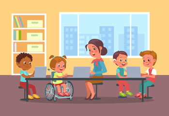 Disability kids school. Teacher at computer lesson with children. Girl in wheelchair. Boy with hearing aid. Woman teaching students. Classmates in classroom. Splendid vector concept
