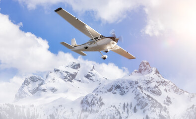 Fototapeta na wymiar Small Airplane flying near Sky Pilot Mountain covered in Snow. Adventure 3d Rendering Plane. Canadian Landscape Nature Background. Squamish, BC, Canada.