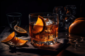 Old fashioned rum drink on ice with orange zest garnish bright cocktails on the bar generative ai