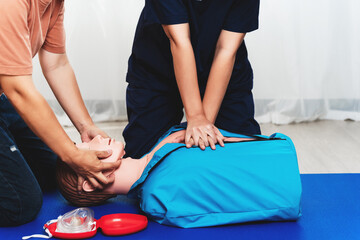 CPR Training ,Emergency and first aid class on cpr doll, Cardiopulmonary resuscitation, One part of...
