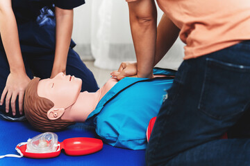 CPR Training ,Emergency and first aid class on cpr doll, Cardiopulmonary resuscitation, One part of the process resuscitation on unconscious person.