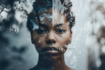 Double exposure portrait of a young woman. Generative AI.