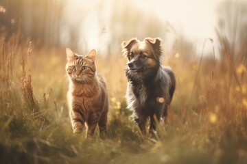 Obraz na płótnie Canvas a dog and a cat walking in a field of tall grass. generative ai