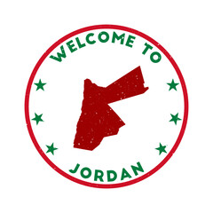 Welcome to Jordan stamp. Grunge country round stamp with texture in Gale of the Wind color theme. Vintage style geometric Jordan seal. Modern vector illustration.