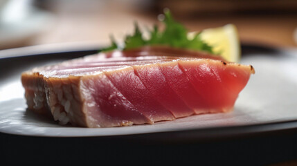 Close Up Still Life of Roasted Tuna Steaks with Sesame Seeds on Ceramic Plate. Created using Generative AI technology.