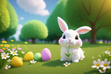 Happy Easter White bunny rabbit sitting in a field with a bunch of colorful painted eggs and flowers in front of it and trees in the background. generative ai illustration.