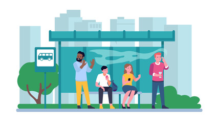 Man smoking at bus stop next to non smokers. Unhealthy bad habit. Public transport station. People sitting on bench and suffering from tobacco smoke. Guy with cigarette. Vector concept