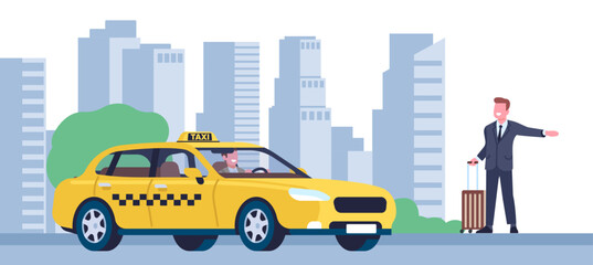 Man tries to catch taxi in street by raising his hand. Cab calling. Transportation by automobile. Car driver and passenger. Businessman in suit with baggage. Auto service. Vector concept