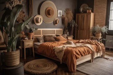 Vertical shot of bohemian style comfort apartment with hygge bedroom, hat on bamboo dressing screen, dried plants in vase, and home décor in wicker basket. Generative AI