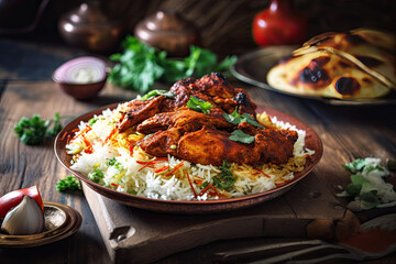 Indian Tandoori Chicken with Basmati rice, Indian cuisine, Generative AI