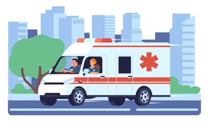 Medical car with alarm goes down metropolitan street. Ambulance vehicle driving down highway. City buildings and road. Hospital transport. Doctors in clinic automobile. Vector concept