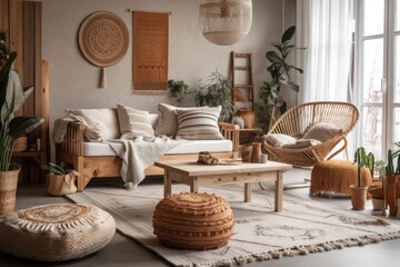 Scandinavian style home decor with natural wooden furnishings,. Generative AI