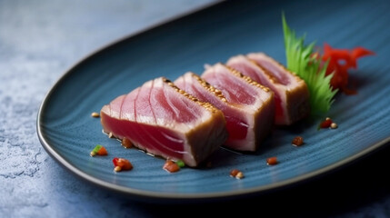 Close Up Still Life of Roasted Tuna Steaks with Sesame Seeds on Ceramic Plate. Created using Generative AI technology.