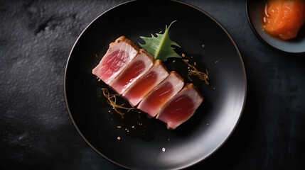Close Up Still Life of Roasted Tuna Steaks with Sesame Seeds on Ceramic Plate. Created using Generative AI technology.
