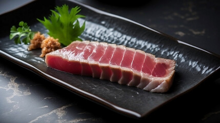 Close Up Still Life of Roasted Tuna Steaks with Sesame Seeds on Ceramic Plate. Created using Generative AI technology.