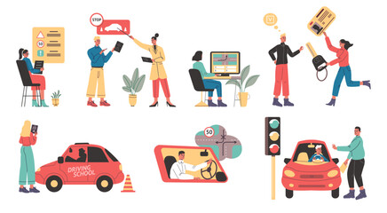 People at driving school. Drive car learning process. Instructor explains road rules. Traffic theory studying. Students practice. Obtaining driver license. Vector auto education set
