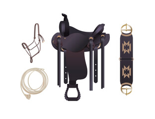 Western style horse tack, black cowboy saddle with cinch, rope halter and lasso - obrazy, fototapety, plakaty