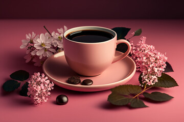 Obraz na płótnie Canvas A cup of coffee on a pink background with flowers. coffee mug with flowers and pink background. Created with generative technology.