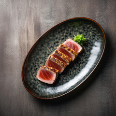 Close Up Still Life of Roasted Tuna Steaks with Sesame Seeds on Ceramic Plate. Created using Generative AI technology.