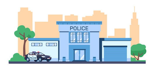 Police station. City building and car. Law security and investigation. Emergency service. Cops department architecture facade. Patrol automobile. Policemen office house. Vector concept