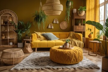 Yellow drapes in a bohemian room with rugs, plants, and a wooden stool next to a sofa. Generative AI