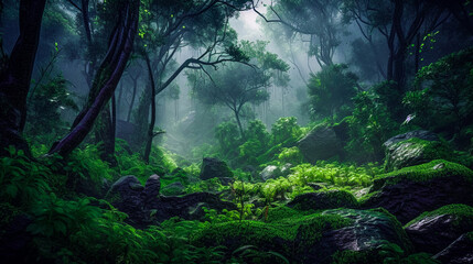 Fototapeta premium Green Tropical Forest During Monsoon, Rainy Weather and Lush Foliage. Generative AI.