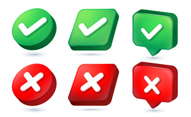 3d check mark icon button correct and incorrect sign in different shape. Set check mark box frame with green tick and red cross symbols - yes or no 3d icons buttons