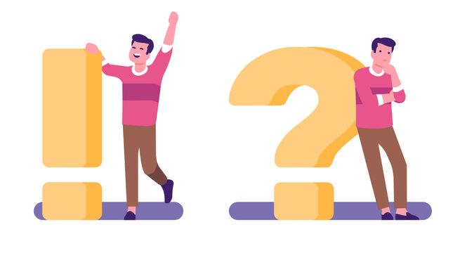 Thinking and doubting man is next to big question or exclamation marks. Punctuation symbols. Interrogative or exclamative icons. Happy guy. Thoughtful male. Vector emotion expressions set