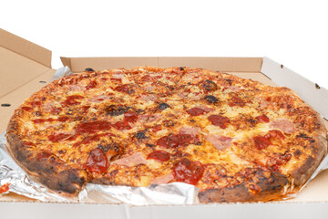 Large round pizza in a cardboard box, pizza delivery, Hawaiian pizza