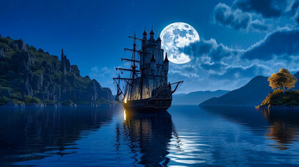 Fototapeta na wymiar Pirate sailing ship anchored near a gothic castle at night moon light. AI generated.