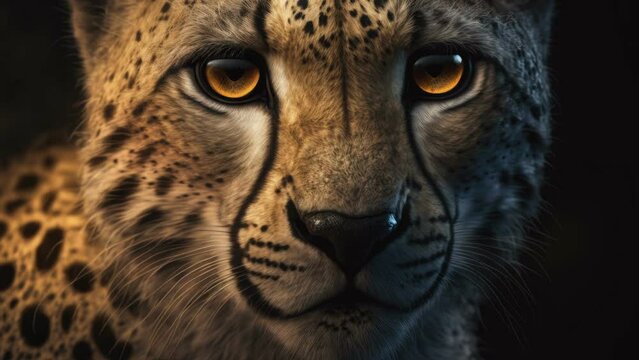 The fierce face of the cheetah on a closer look with its big eyes and whiskers on his face AI generated