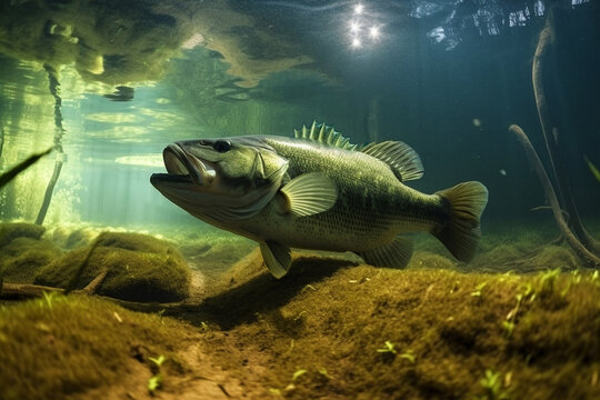 big-mouthed bass under water against the background of algae generated by ai