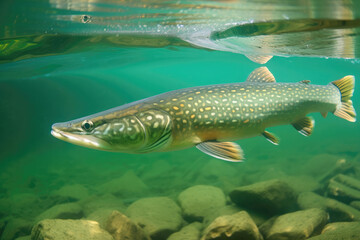Naklejka premium Pike underwater in the wild created with Generative AI technology.