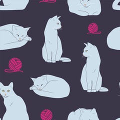 Cats cozy seamless pattern, vector graphics, warm and fuzzy atmosphere, white cat sleeping curled up, sitting with skein of thread, cute and simple flat illustration for home and kids
