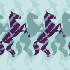 Horse stands on its hind legs colorful vector seamless pattern, power and grace of a horse, birthday wrapping, bright and vibrant colors - mint and purple, stylized animal repeat